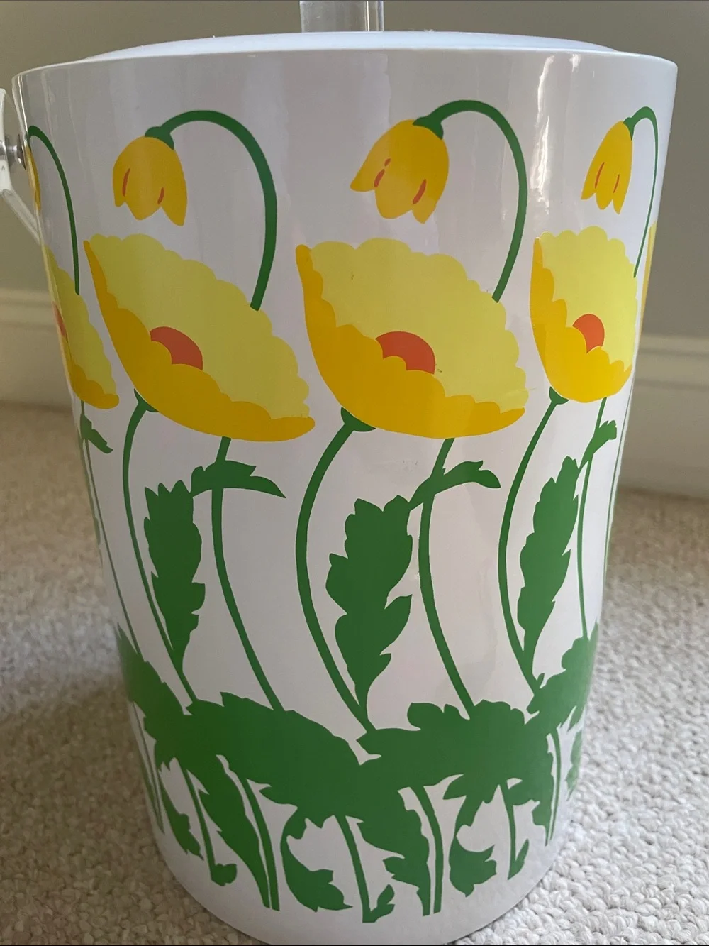 Vintage 1970s St. Tropez Audrey Pattern Ice Bucket with Clear Lucite Handle
